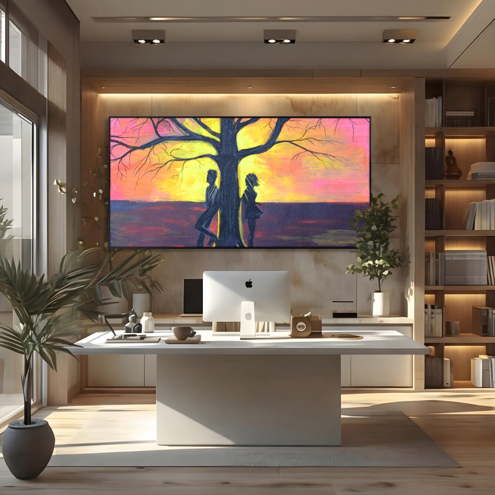 Tablou canvas cu pictura cuplu sub copac la apus, in rama de aluminiu negru, pe perete intr-un birou